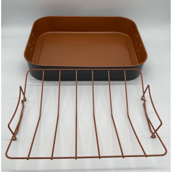 Crofton Nonstick Roasting Pan With Rack 16"x12"x3" Copper & Gray Carbon Steel Di - Picture 3 of 8